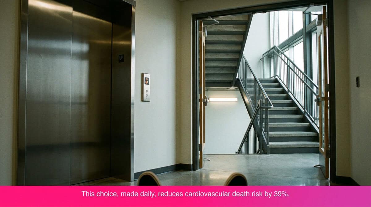 "Elevator versus staircase decision point — the daily choice that the UEA 480,000-person study found reduces cardiovascular death by 39% and all-cause mortality by 24%.