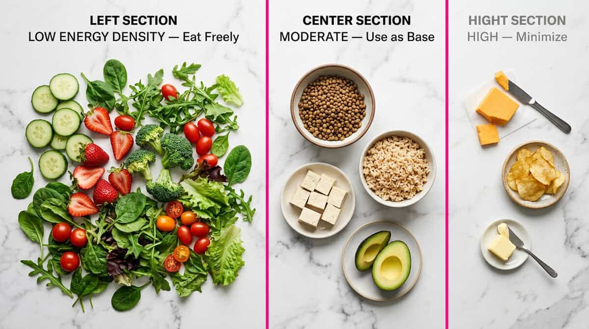 Plant-Based Diet Weight Loss: How Eating More Food Can Make You Lose Weight (JAMA 2026) Three-tier energy density food comparison showing abundant low-density vegetables and fruits on the left, moderate-density legumes and grains in the center, and high-density processed foods to minimize on the right.