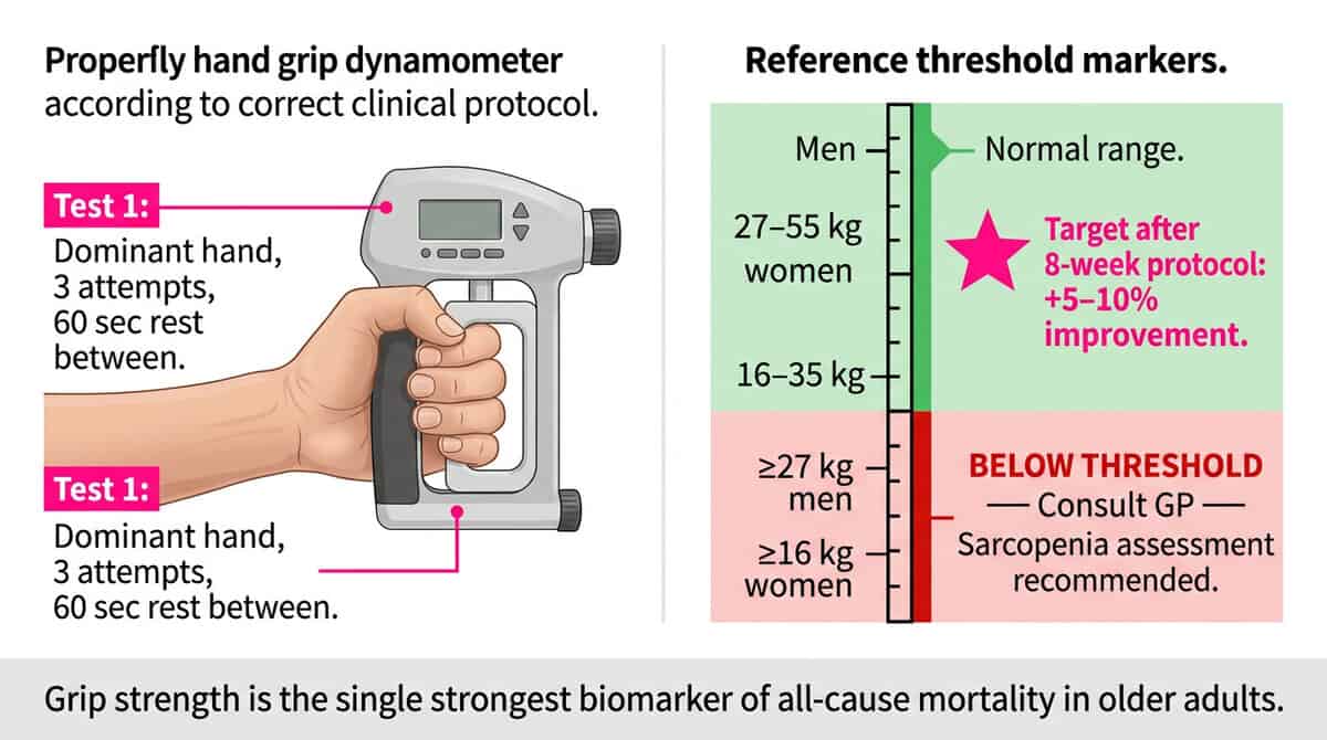 Gut Bacteria and Muscle Strength: The Single Microbe That Builds 29% Stronger Muscles After 60 Grip strength self-assessment guide showing clinical dynamometer protocol, reference thresholds for sarcopenia concern below 27 kg men and 16 kg women, and 5-10% improvement target from the gut bacteria muscle strength protocol.
