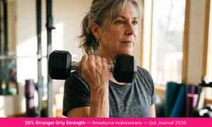 Diagram showing gut bacteria and muscle strength connection through Roseburia inulinivorans — 29% higher handgrip strength in older adults and 30% grip strength increase in mice from Gut 2026 study by Leiden University and University of Granada.