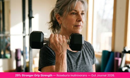 Diagram showing gut bacteria and muscle strength connection through Roseburia inulinivorans — 29% higher handgrip strength in older adults and 30% grip strength increase in mice from Gut 2026 study by Leiden University and University of Granada.