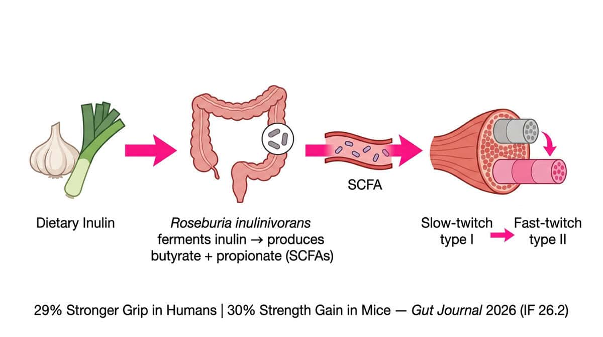 Gut Bacteria and Muscle Strength: The Single Microbe That Builds 29% Stronger Muscles After 60 Gut-to-muscle pathway diagram showing dietary inulin feeding Roseburia inulinivorans, which produces SCFAs and drives conversion from slow-twitch to fast-twitch type II muscle fibers, resulting in 29% greater handgrip strength.