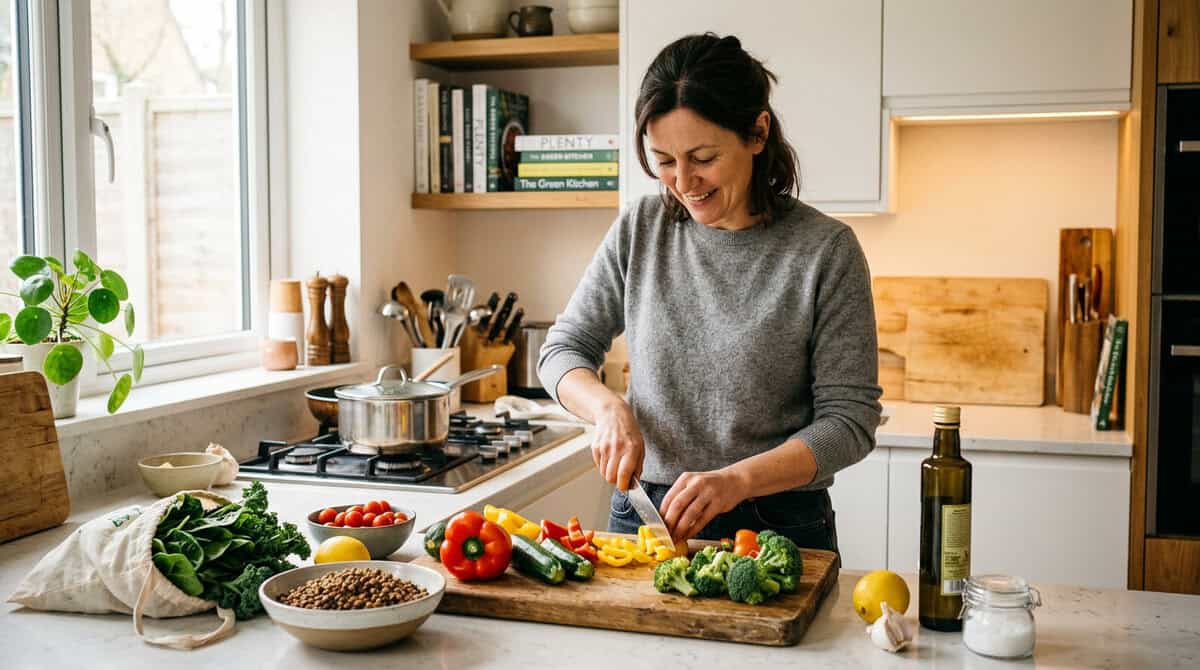 Plant-Based Diet Weight Loss: How Eating More Food Can Make You Lose Weight (JAMA 2026) Person preparing a colourful plant-based meal with vegetables, lentils, and whole grains — the foundation of the low-energy-density dietary approach that produced 13 lbs weight loss in the JAMA 2026 trial.