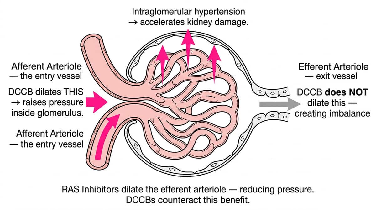 Intrarenal hemodynamics diagram showing how DCCB blood pressure drugs dilate only the afferent arteriole, increasing intraglomerular pressure and accelerating diabetic kidney disease damage