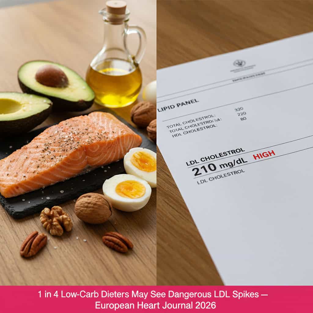 Chart showing low-carb diet and cholesterol outcomes split by genetic risk — genetically predisposed individuals show dramatically higher LDL spikes on keto from 2026 European Heart Journal study.