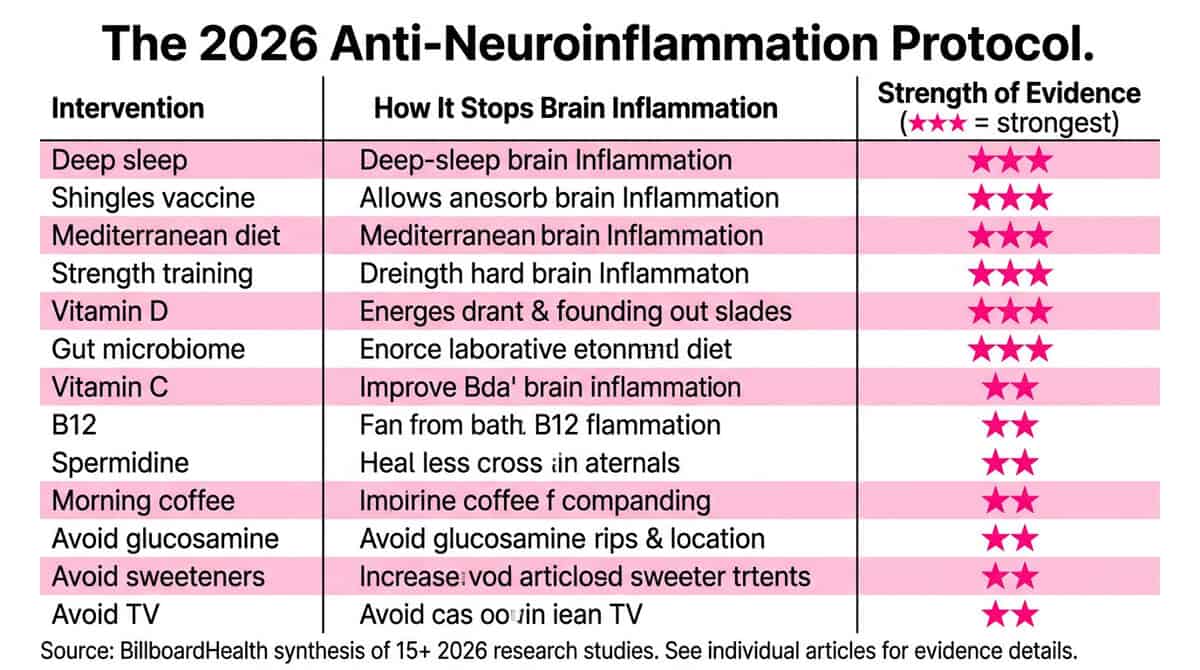 Brain Inflammation and Alzheimer's: The 2026 Stanford Discovery That Changes Everything We Know About Dementia Complete anti-neuroinflammation intervention table showing 13 evidence-based strategies with mechanism and strength of evidence ratings, synthesizing BillboardHealth's 2026 brain health research series.