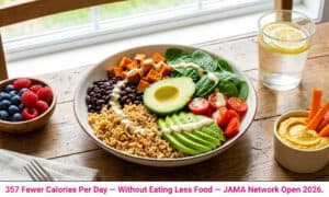 Chart showing plant-based diet weight loss mechanism — same food weight, 30% lower energy density, 357 fewer calories daily, 13 lbs lost in 16 weeks from JAMA Network Open 2026 study.