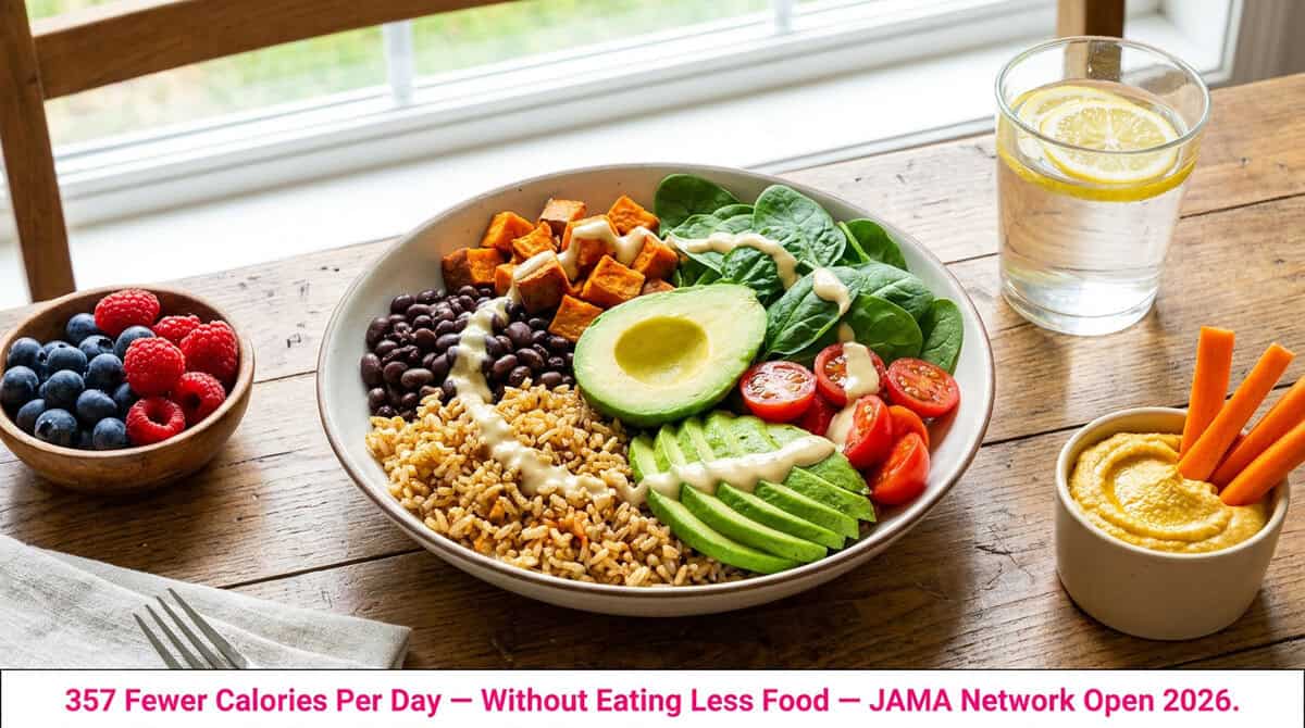 Chart showing plant-based diet weight loss mechanism — same food weight, 30% lower energy density, 357 fewer calories daily, 13 lbs lost in 16 weeks from JAMA Network Open 2026 study.