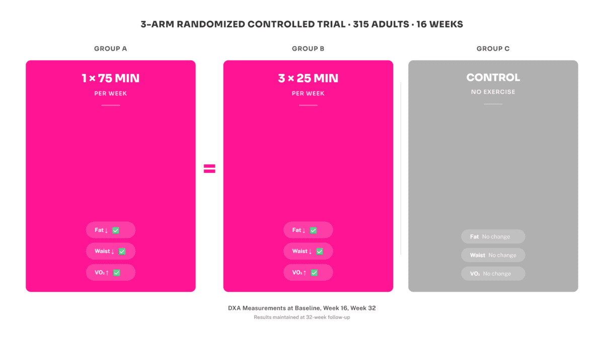 HKU INSPECT trial 3-arm RCT showing once-weekly 75-minute interval walking equals three-times-weekly for belly fat and cardiovascular fitness outcomes measured by DXA.