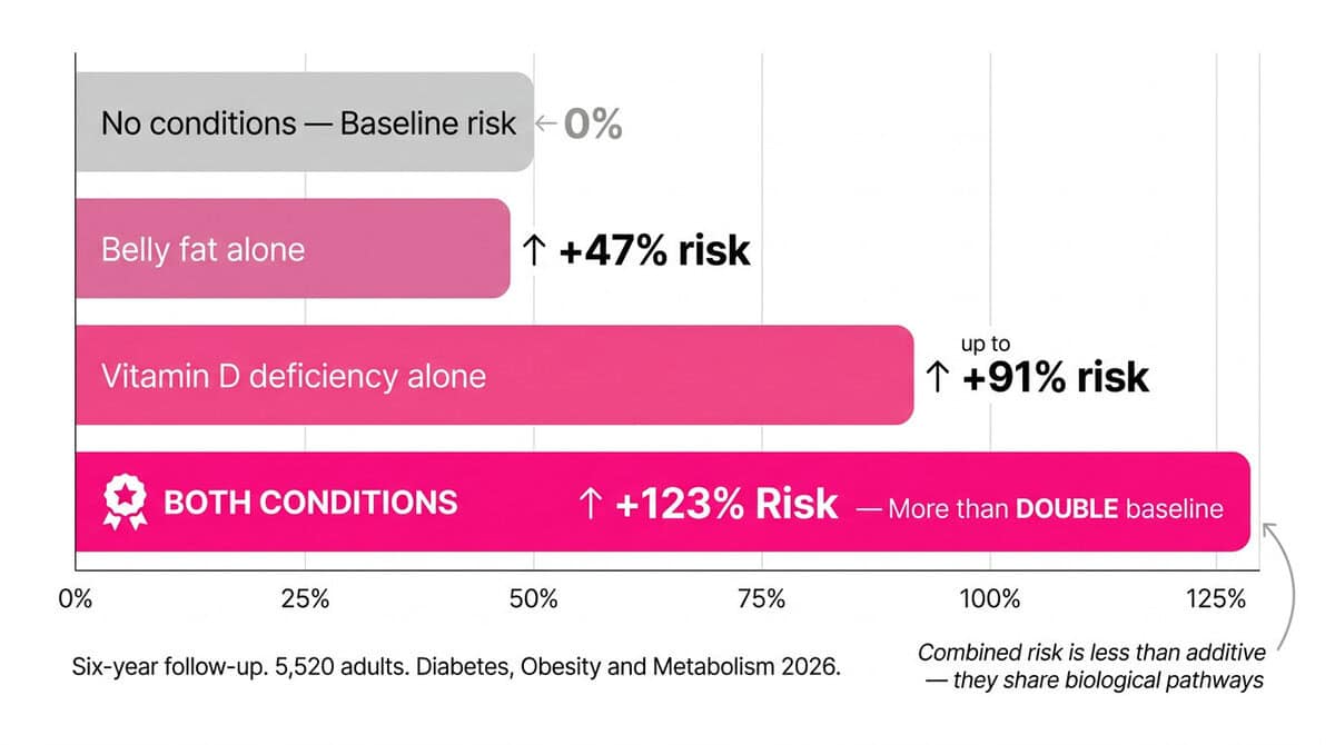 Risk breakdown chart showing 47% higher death risk from belly fat alone, 91% from vitamin D deficiency alone, and 123% combined from the UCL ELSA 2026 study.