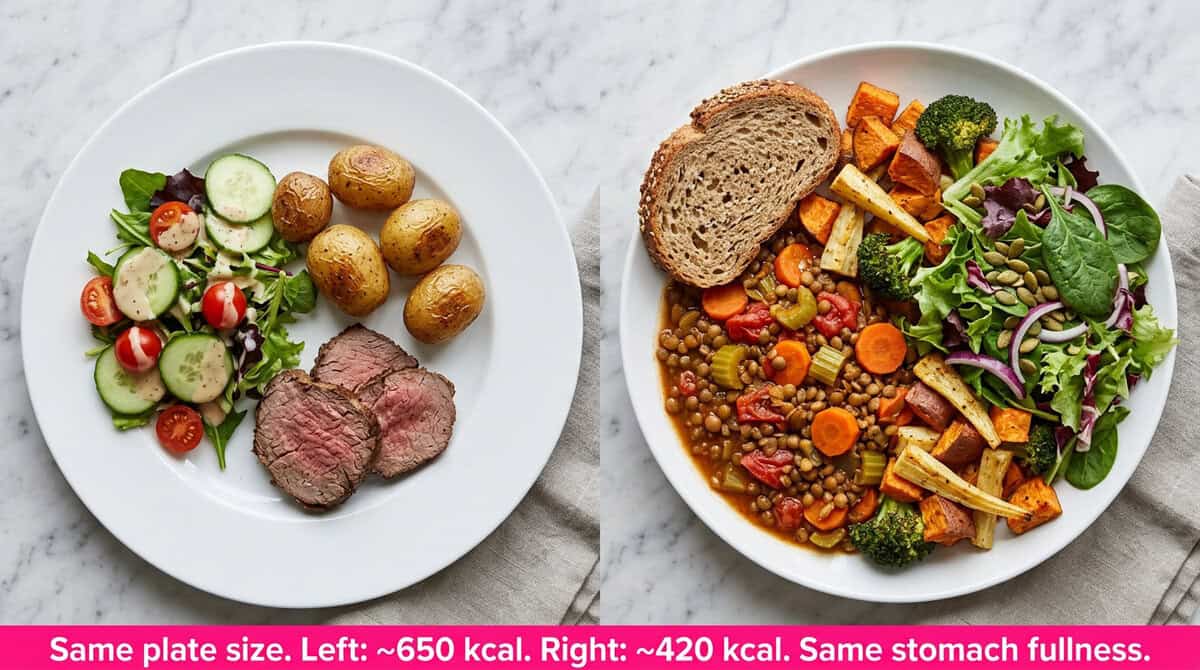 Plant-Based Diet Weight Loss: How Eating More Food Can Make You Lose Weight (JAMA 2026) Side-by-side plate comparison showing Western meal versus plant-based meal of identical physical size — demonstrating the energy density difference that creates 357 fewer daily calories without eating less.