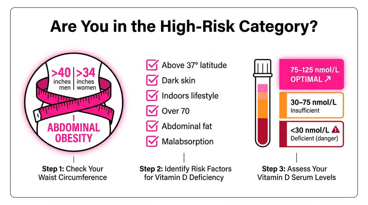 Three-step self-assessment guide for vitamin D deficiency and belly fat risk: measure waist circumference, assess vitamin D risk factors, and interpret blood test results.