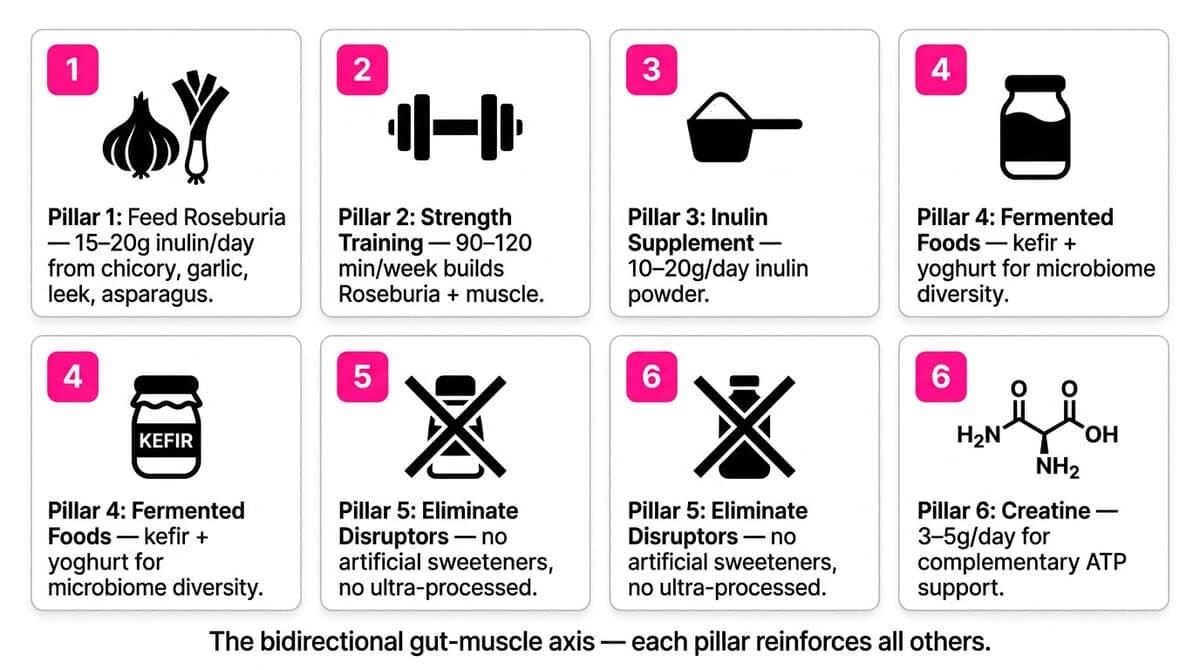 Gut Bacteria and Muscle Strength: The Single Microbe That Builds 29% Stronger Muscles After 60 Six-pillar gut bacteria and muscle strength protocol showing inulin feeding, strength training, inulin supplementation, fermented foods, eliminating microbiome disruptors, and creatine monohydrate.