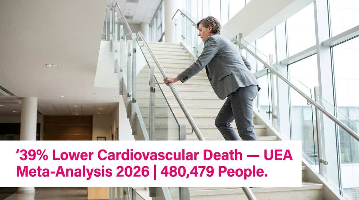 Infographic showing stair climbing benefits from UEA 2026 meta-analysis — 39% lower cardiovascular death, 24% lower all-cause mortality in 480,479 people over 14 years.