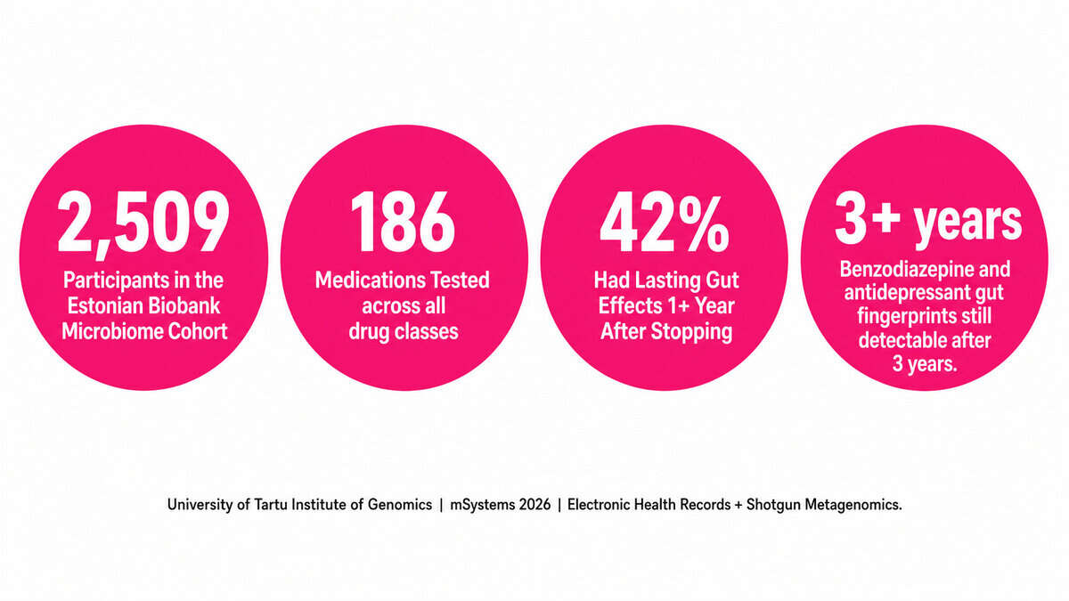 Do Your Medications Damage Your Gut? What 2,500 People's Prescription Records Revealed Study scope infographic showing 2,509 participants, 186 drugs tested, 42% with lasting gut effects, and 3+ year detectable changes for benzodiazepines and antidepressants from the University of Tartu mSystems 2026 study.