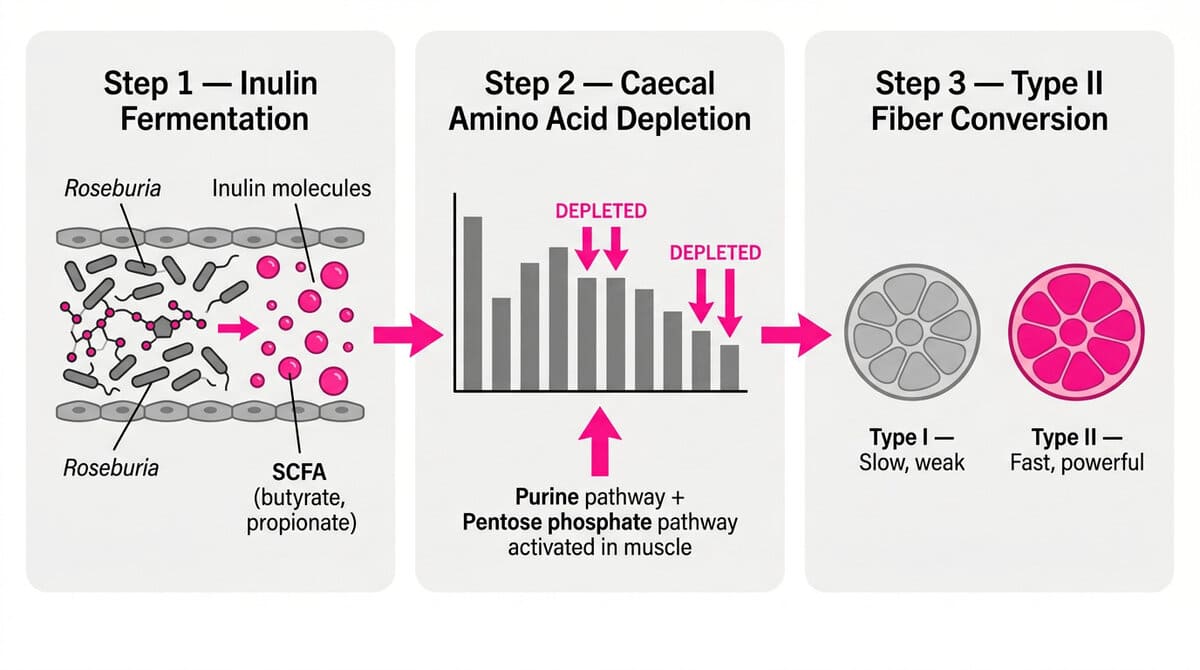 Gut Bacteria and Muscle Strength: The Single Microbe That Builds 29% Stronger Muscles After 60 Three-step gut-muscle mechanism: inulin fermentation to SCFAs, caecal amino acid depletion activating purine and pentose phosphate pathways in muscle, and fast-twitch type II fiber conversion.
