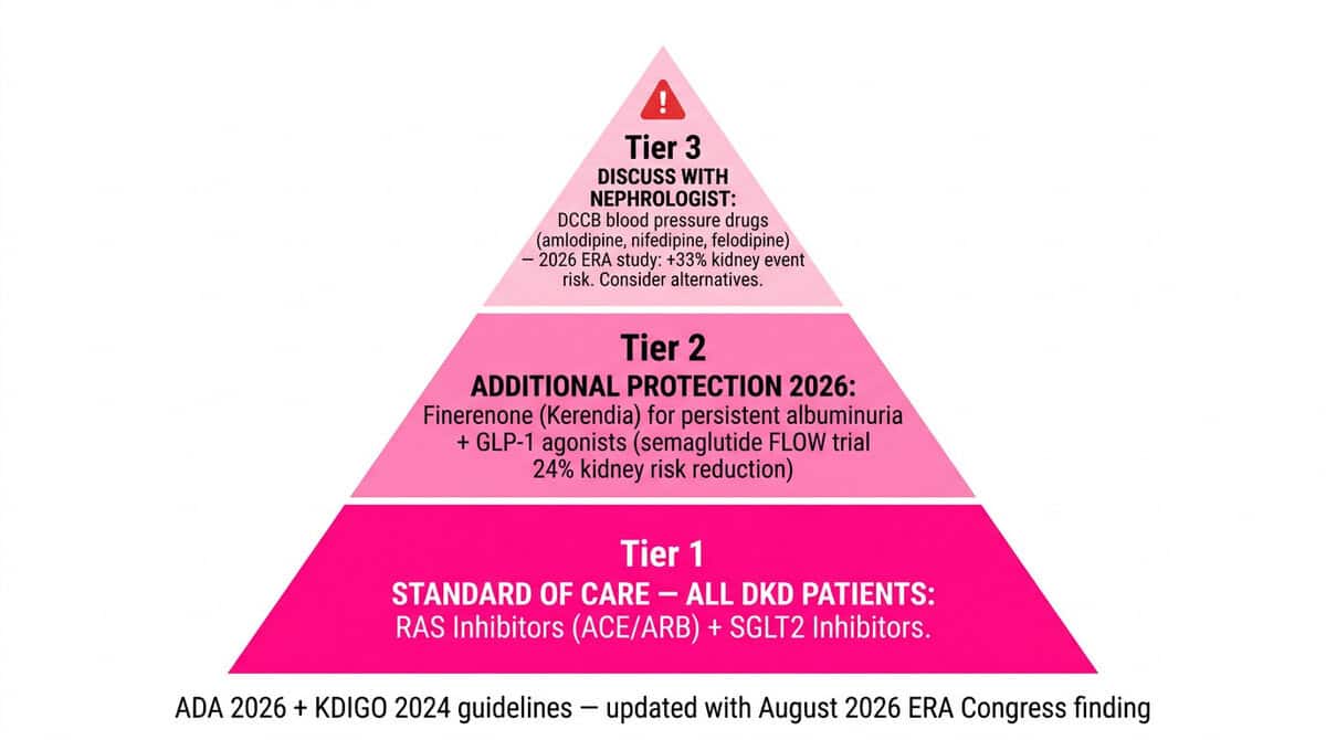 Three-tier diabetic kidney disease treatment pyramid showing standard RAS inhibitors and SGLT2 inhibitors at base, finerenone and GLP-1 agonists in middle, and DCCB blood pressure drugs flagged with 33% kidney risk caution at top.