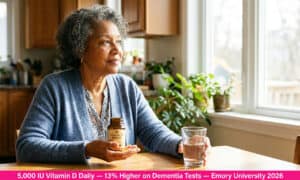 Chart showing vitamin D and cognitive decline connection — 5,000 IU daily linked to 13% higher MoCA scores in older adults with MCI and sleep disturbances from Emory 2026 Sleep Medicine study.