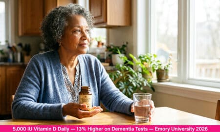 Chart showing vitamin D and cognitive decline connection — 5,000 IU daily linked to 13% higher MoCA scores in older adults with MCI and sleep disturbances from Emory 2026 Sleep Medicine study.