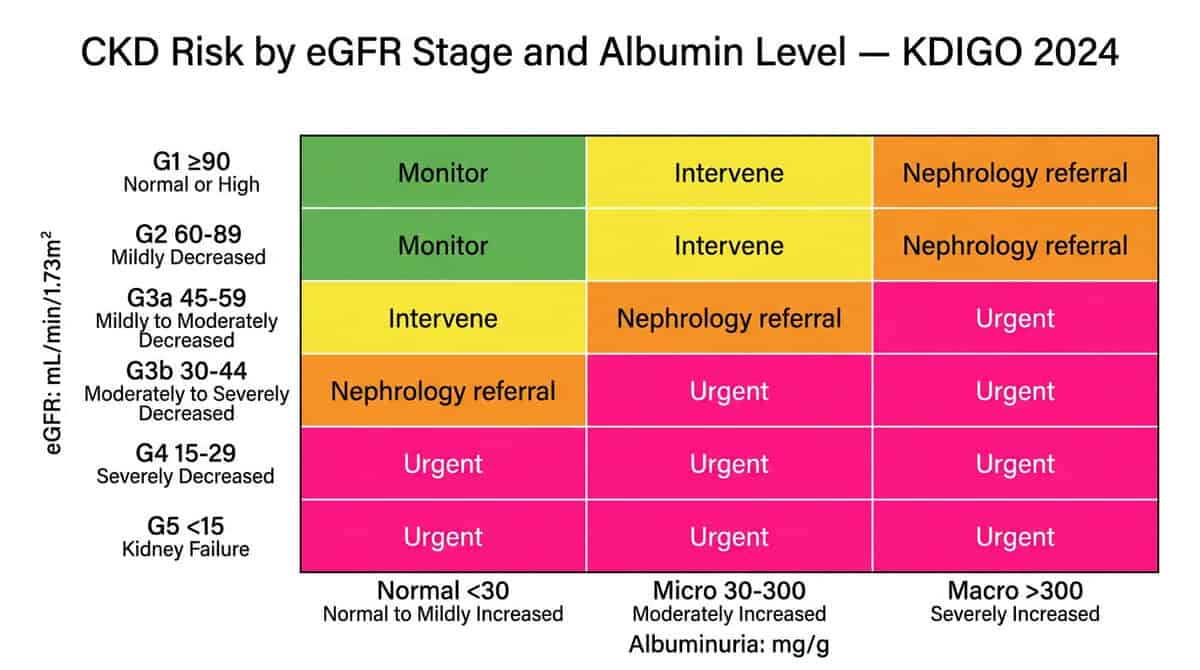 Clinical staging grid showing diabetic kidney disease risk by eGFR stage and albumin level — from low risk green cells to urgent hot pink cells requiring nephrology referral.
