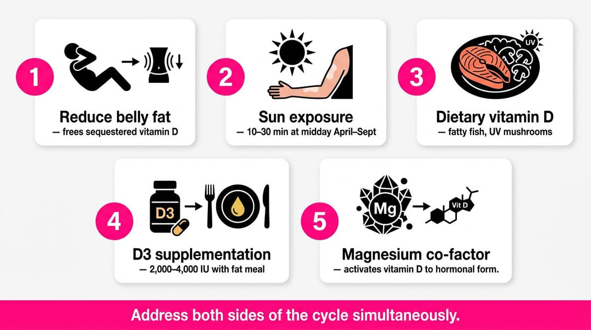 Five-step action plan to break the vitamin D deficiency and belly fat cycle: reduce belly fat, sun exposure, dietary vitamin D, D3 supplementation, and magnesium co-factor.