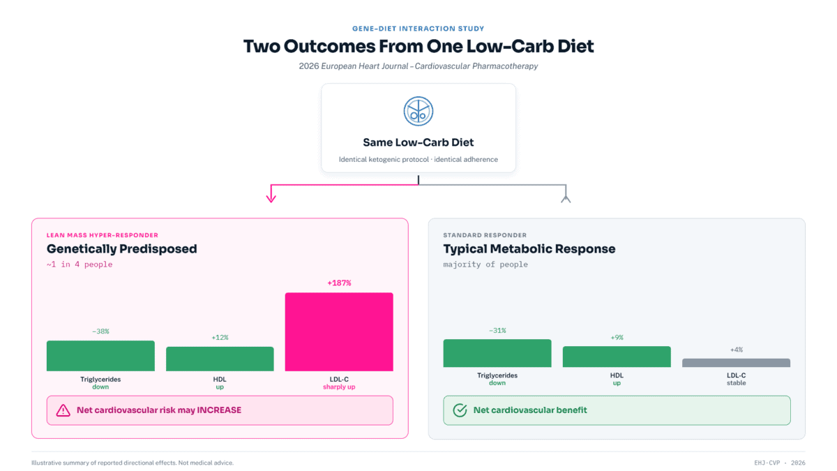 Split diagram showing the same low-carb diet producing opposite cardiovascular outcomes: net benefit in the majority vs dangerous LDL spike in genetically predisposed 1 in 4 people.