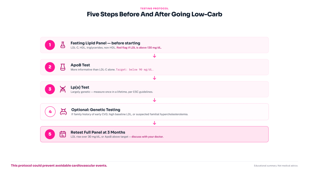 Five-step safety protocol for low-carb diet and cholesterol monitoring: baseline fasting lipid panel, ApoB measurement, Lp(a) test, optional genetic testing, and 3-month retest.