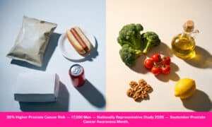 Chart showing ultra-processed foods and prostate cancer 30% higher risk from August 2026 nationally representative study of 17,000 U.S. men using NHANES data.