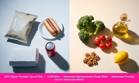 Chart showing ultra-processed foods and prostate cancer 30% higher risk from August 2026 nationally representative study of 17,000 U.S. men using NHANES data.