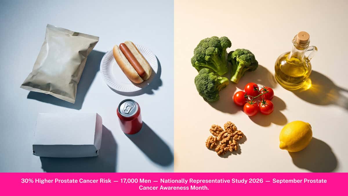Chart showing ultra-processed foods and prostate cancer 30% higher risk from August 2026 nationally representative study of 17,000 U.S. men using NHANES data.