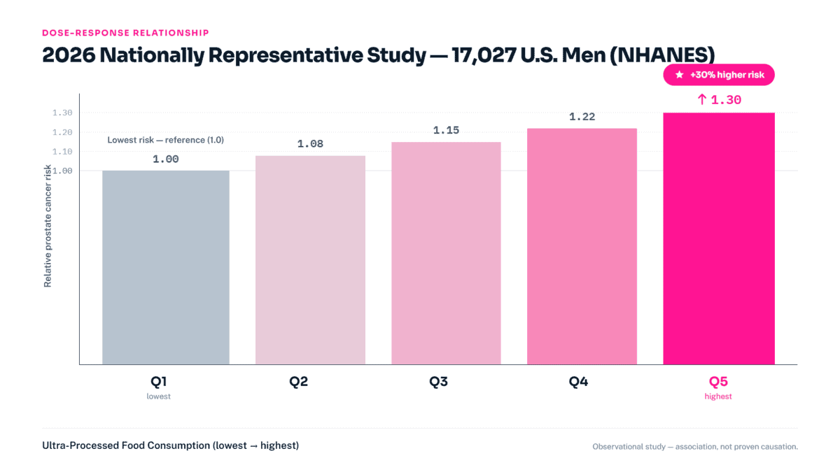 Dose-response bar chart showing prostate cancer risk increasing progressively from lowest to highest UPF consumption quintile, with the highest quintile showing 30% greater risk.