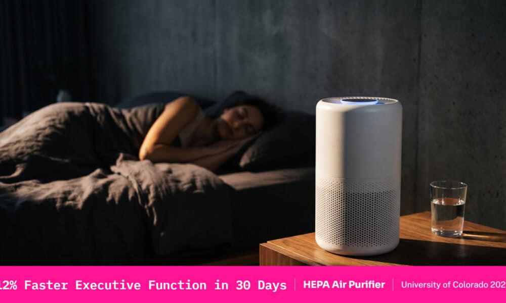 Chart showing indoor air quality and brain health improvement — 12% faster executive function after one month of HEPA air purifier use in adults over 40 from University of Colorado 2026 Environmental Health Perspectives study.