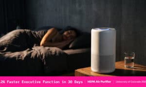 Chart showing indoor air quality and brain health improvement — 12% faster executive function after one month of HEPA air purifier use in adults over 40 from University of Colorado 2026 Environmental Health Perspectives study.