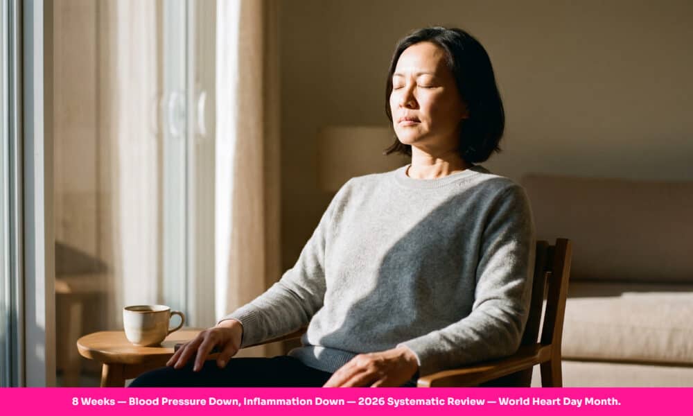 Diagram showing mindfulness for heart health pathways — 8-12 week mindfulness, gratitude and optimism training reduces blood pressure and inflammation markers based on September 2026 systematic review.